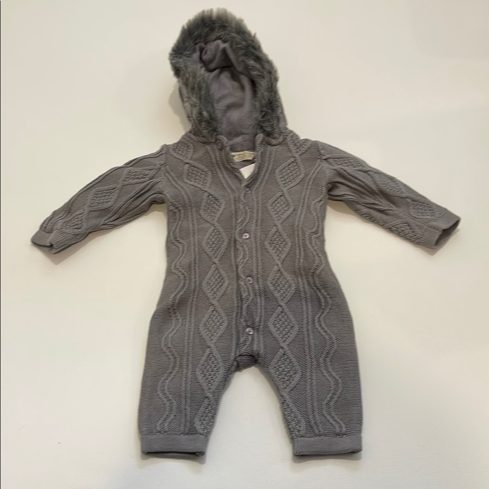 Monica + Andy Bunting Snowsuit Gray Cable Knit Footies One Piece